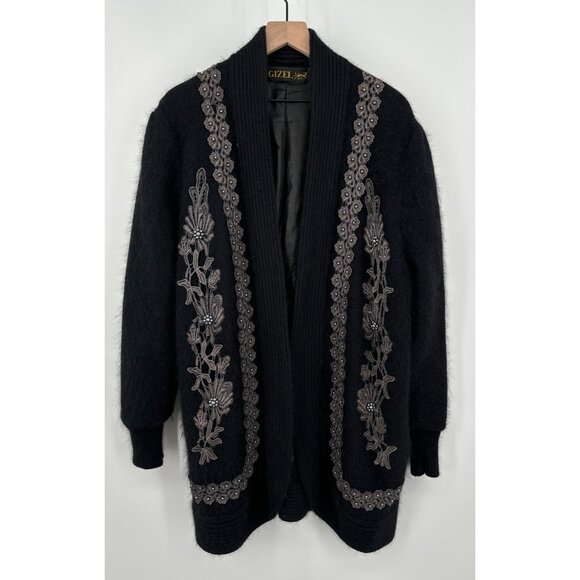 Gizel Angora Wool Open Front Cardigan Women OS Black Embroidered Beaded Longline - Picture 1 of 11